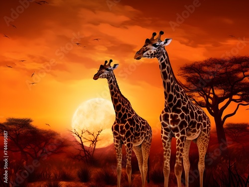 giraffe at sunset genrative AI