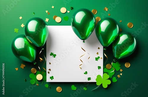 St. Patrick's Day Background with Yellow and Green Balloons and Gold Coins