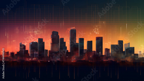 modern cities and business buildings over the city skyline at sunset