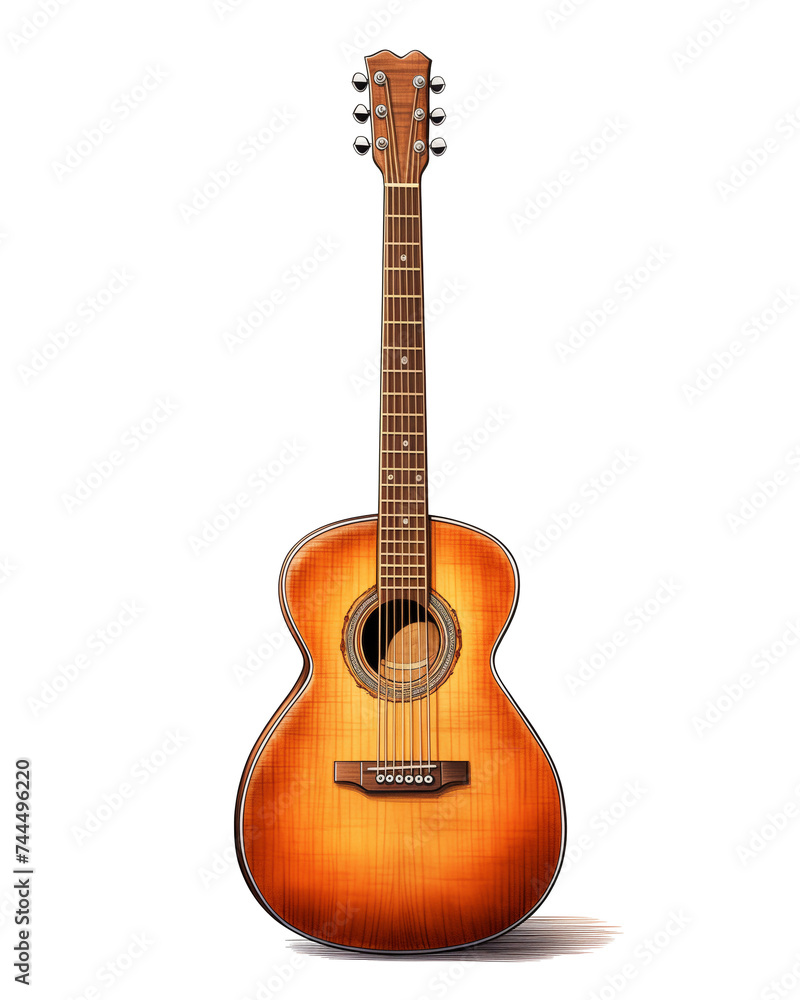 Vintage acoustic guitar with a warm sunburst finish standing upright, perfect for music and instrument-related themes