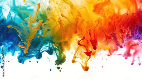 Brightly colored inks swirling together in water, creating a fluid rainbow-like effect