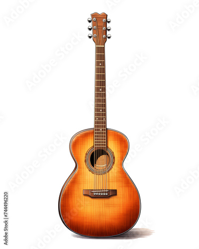 Vintage acoustic guitar with a warm sunburst finish standing upright  perfect for music and instrument-related themes