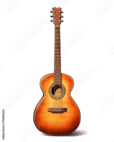 Vintage acoustic guitar with a warm sunburst finish standing upright, perfect for music and instrument-related themes