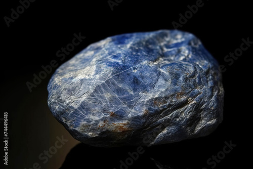 Dumortierite is a rare precious natural stone on a black background. AI generated. Header banner mockup with space. © Serhii