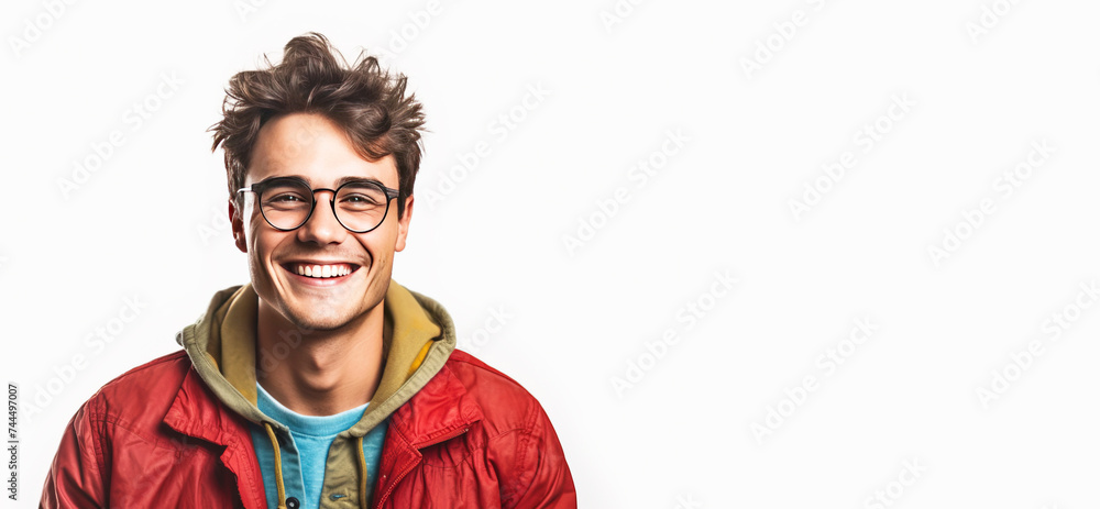 Fototapeta premium Close-up of a smiling young guy student in uniform, white background isolate.