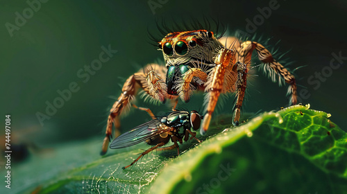 Jumping spider biting a rust fly on green.