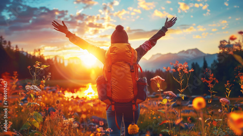 Woman With Arms Raised in Sunrise Flower Field. Joyful woman welcoming the sunrise in a blooming flower field in the mountains.