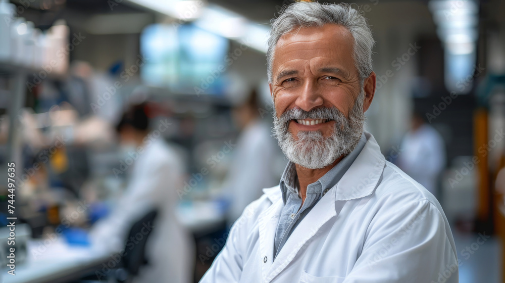 Fototapeta premium Confident Senior Male Scientist in Laboratory. Mature bearded scientist smiling confidently in a lab environment.