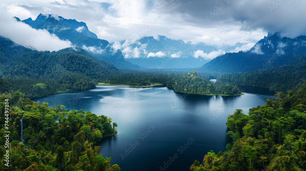 Pristine Mountain Lake Landscape.
Serene view of a mountain lake surrounded by forest.