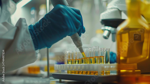 Laboratory worker puts samples into a tray.