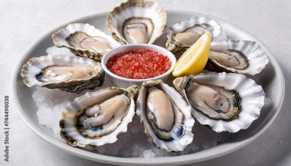 fresh oysters on red sea salt on a white plate fresh oysters on red sea salt on a white plate