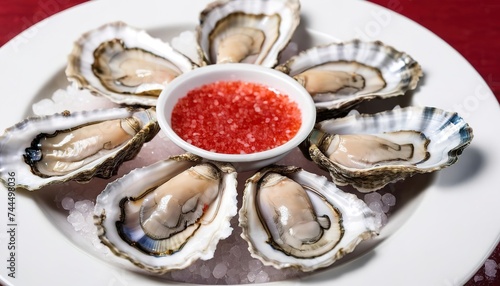 fresh oysters on red sea salt on a white plate