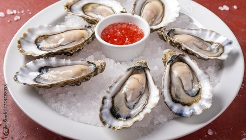 fresh oysters on red sea salt on a white plate