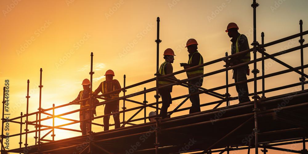 A silluet of the workers in the Building scaffolding. A silluet of the workers in the Building scaffolding.