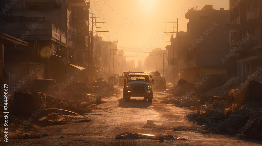 the city has been destroyed and there is a bright sun the city has been destroyed and there is a bright sun