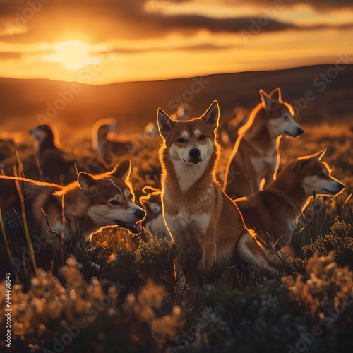 Dingo family standing in front of the camera in the rocky plains with setting sun. Group of wild animals in nature. © linda_vostrovska