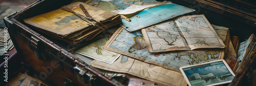 A close-up of a weathered travel trunk overflowing with maps, postcards, and other travel memorabilia, evoking a sense of adventure. 