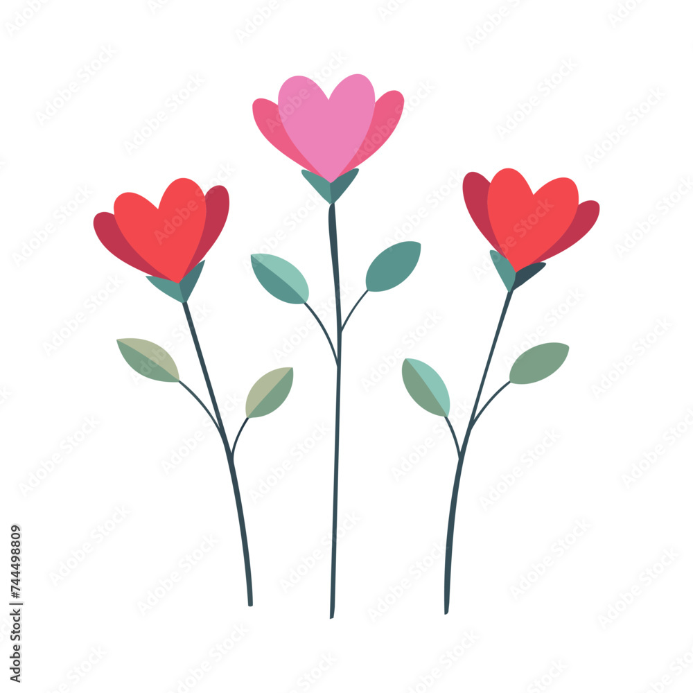 three red flowers with leaves on a white background