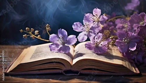 Old vintage book opened on table with purple flower on it © Worship