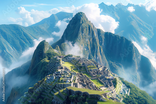 Machu Picchu Inca ancient civilization ruins in Peru, aerial view scenic picturesque