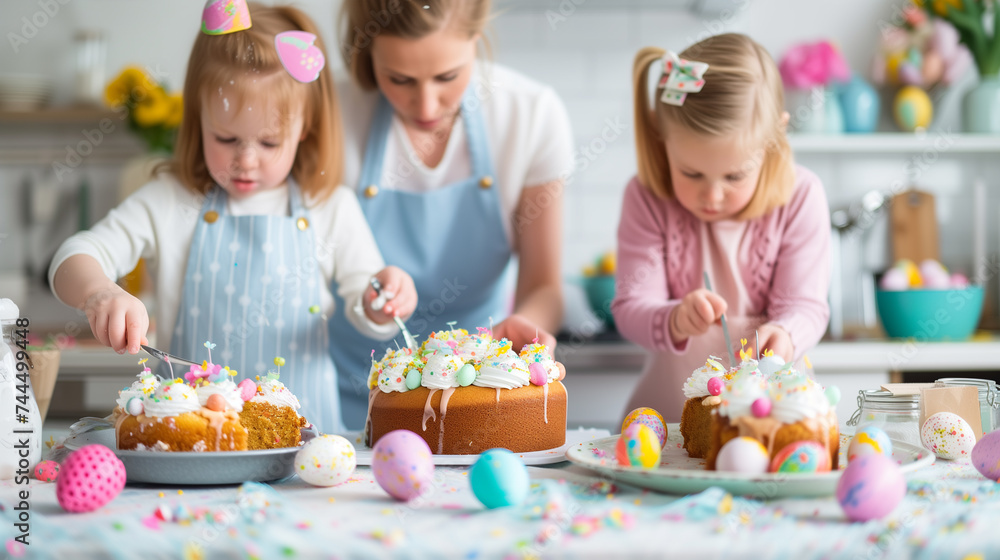 Family, cheerful parents join their children in dyeing Easter eggs and decorating festive cupcakes and cakes.