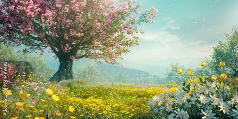 Springtime with Flowers with Tree and Flowers in the Style of Light Emerald and Yellow with Soft Focus Storybook like Rendering Background created with Generative AI Technology