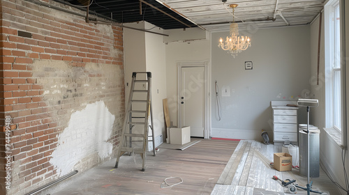 Un espace intérieur en cours de rénovation avec des murs en briques partiellement peints, un échafaudage et des outils de peinture éparpillés. photo