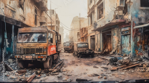  an empty street with a rubbled area and trucks on the street