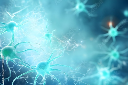 Microscopic of Neuron brain cell network. Interconnected nerve cells with electrical pulses. 