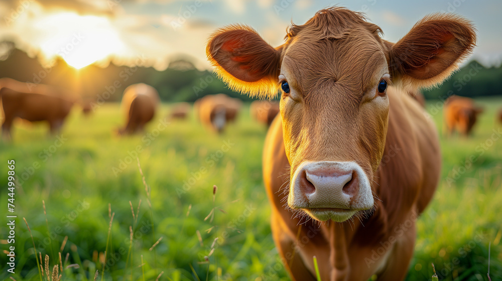 Portrait black and brown cow on green meadow. Dairy farm. Red cow portrait outdoors. Portrait black and brown cow on green meadow. Dairy farm. Red cow portrait outdoors.