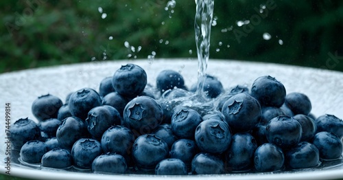 A plate of blueberries receives a lively splash of water, each droplet enhancing the fruit's appeal and suggesting purity and cleanliness.