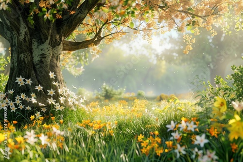 Springtime with Flowers with Tree and Flowers in the Style of Light Emerald and Yellow with Soft Focus Storybook like Rendering Background created with Generative AI Technology © Sentoriak