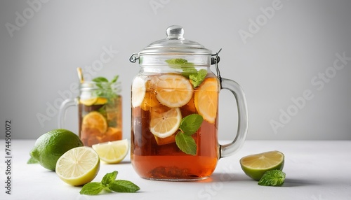 Ice tea in glass jar served with limes, lemons and mint over white texture background