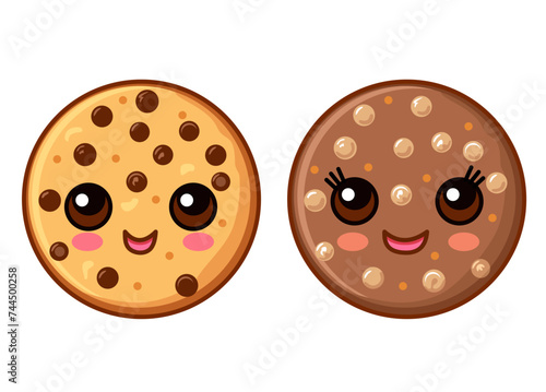 Cute cartoon chocolate cookie character with a funny face. Kawaii chocolate chip cookie character set. Happy cookie mascot vector illustration isolated on white. Vector illustration Isolated on white