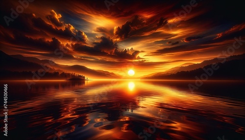 Beautiful sunset scene over a lake, with the sun casting a golden hue over the water wallpaper background landscape 