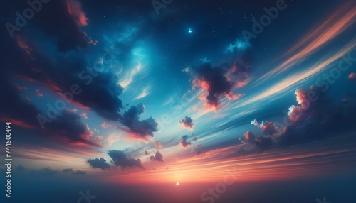 the sky at sunset with a smooth gradient from deep blue to soft pink. realistic, wispy clouds wallpaper background landscape
