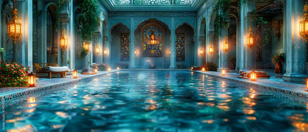 A luxurious spa pool in an architectural masterpiece, blending tradition with modern relaxation and beauty - obrazy, fototapety, plakaty 