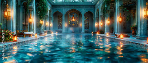 A luxurious spa pool in an architectural masterpiece, blending tradition with modern relaxation and beauty