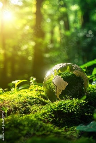 Earth Day. Environment. Green globe in forest with moss and defocused abstract sunlight. Sunlight dances on Earth's canvas.