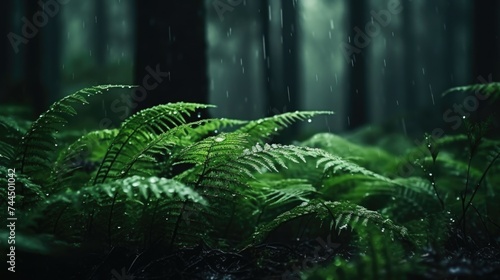 Raindrops on Ferns in Lush Green Forest, Serene Nature Backdrop