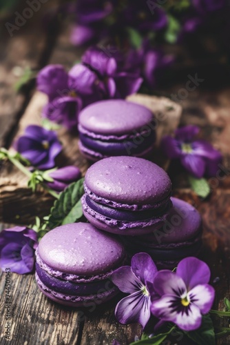 Purple macarons with cream filling on rustic wooden table with lilac flowers.