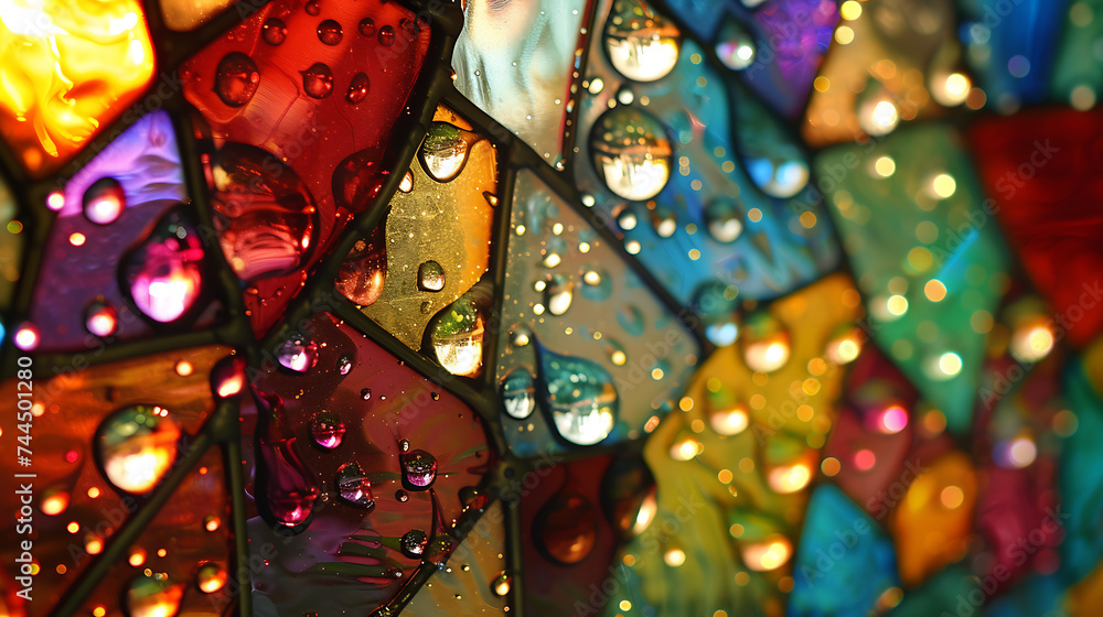 A close-up of raindrops hitting a colorful stained glass window, creating a kaleidoscope of refracted light and water droplets. 