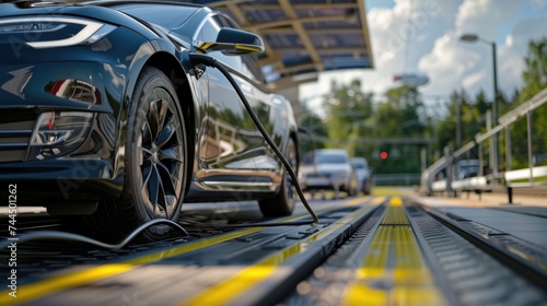 Electric vehicle charging at a station with a power cable connected on a sunny day