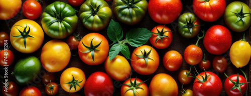 Overhead view of fresh red tomatoes on table.