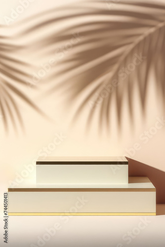 Beige background for product presentation with shadow of tropical palm leaves and light. Podium, stage pedestal platform for cosmetic product. © Екатерина Переславце