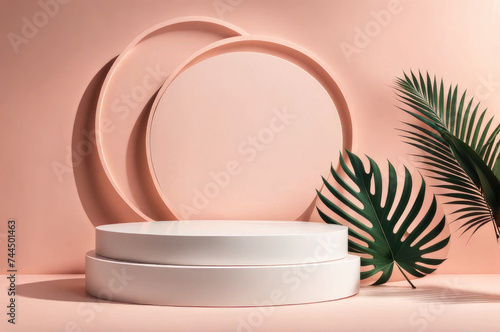 pink background for product presentation with shadow of tropical palm leaves and light. Podium, stage pedestal platform for cosmetic products. © Екатерина Переславце