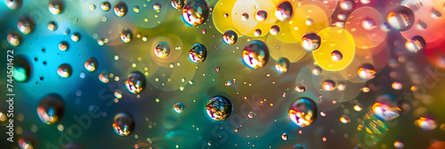 A close-up of raindrops hitting a colorful stained glass window  creating a kaleidoscope of refracted light and water droplets. 