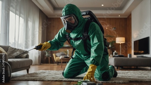 Man in hazmat suit disinfecting living room with disinfectant sprayer