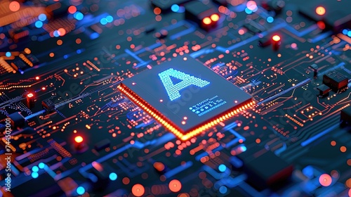  Close-up of advanced microchip AI. The neon glow on this AI chip showcases its futuristic design.
