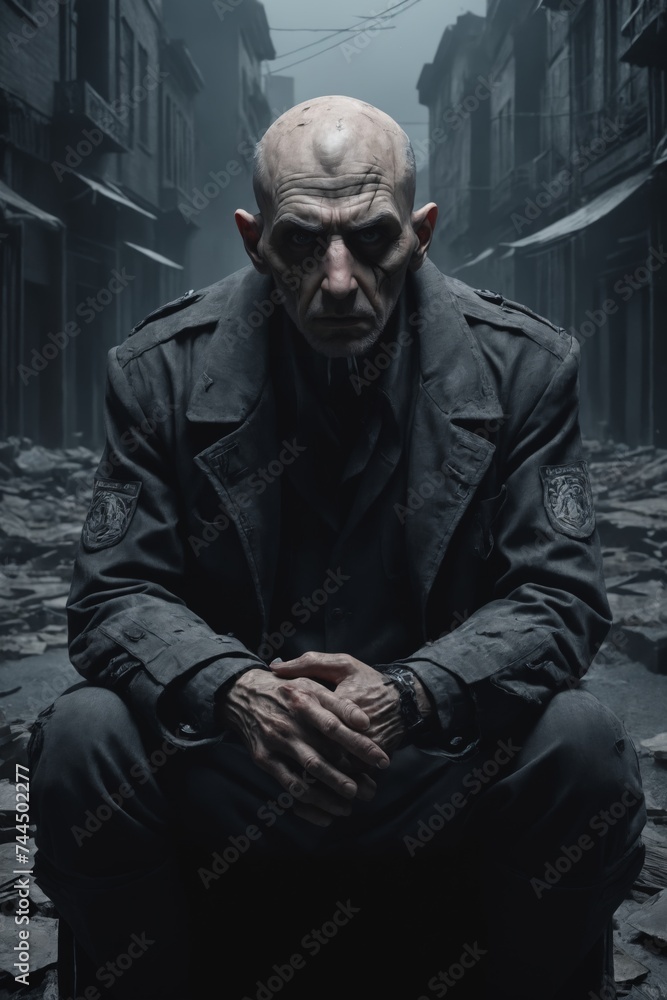 A humanoid figure dressed in a uniform sits solemnly amidst the debris of a desolate urban landscape. A humanoid figure dressed in a uniform sits solemnly amidst the debris of a desolate urban landscape.